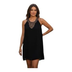 Going Out Dress Black Chiffon Short Shift Size S Studded Sleeveless Sexy Elegant